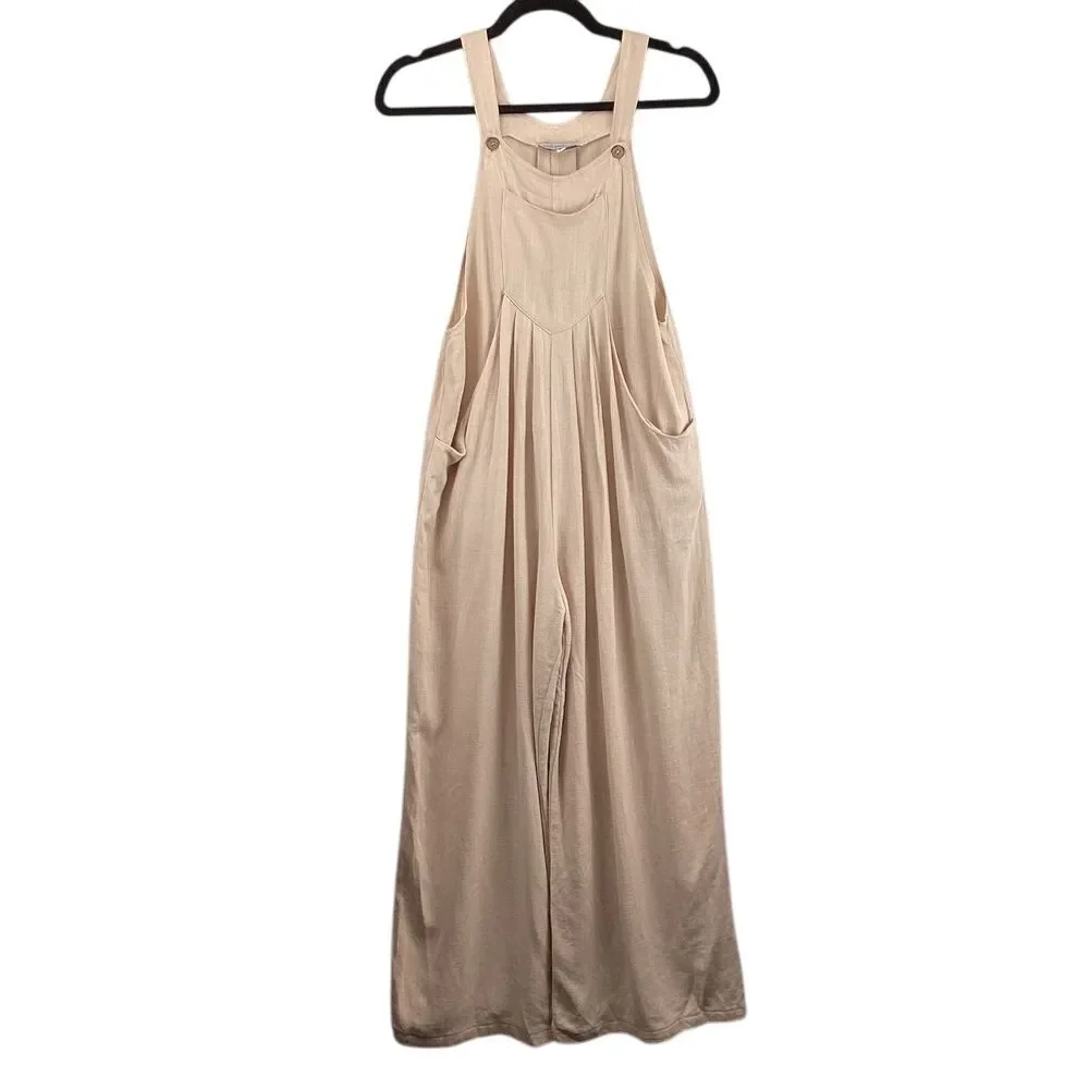 Miss Sparkling Wide Leg Jumpsuit Small Beige Linen Blend BOHO Wide Leg Flowy - Picture 3 of 13